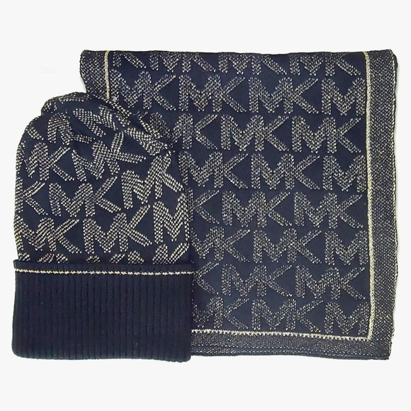 Michael Kors Accessories - Michael Kors Women`s Metallic MK Diamond Logo Scarf/Hat 2Pc Set Gold MK Gift Box